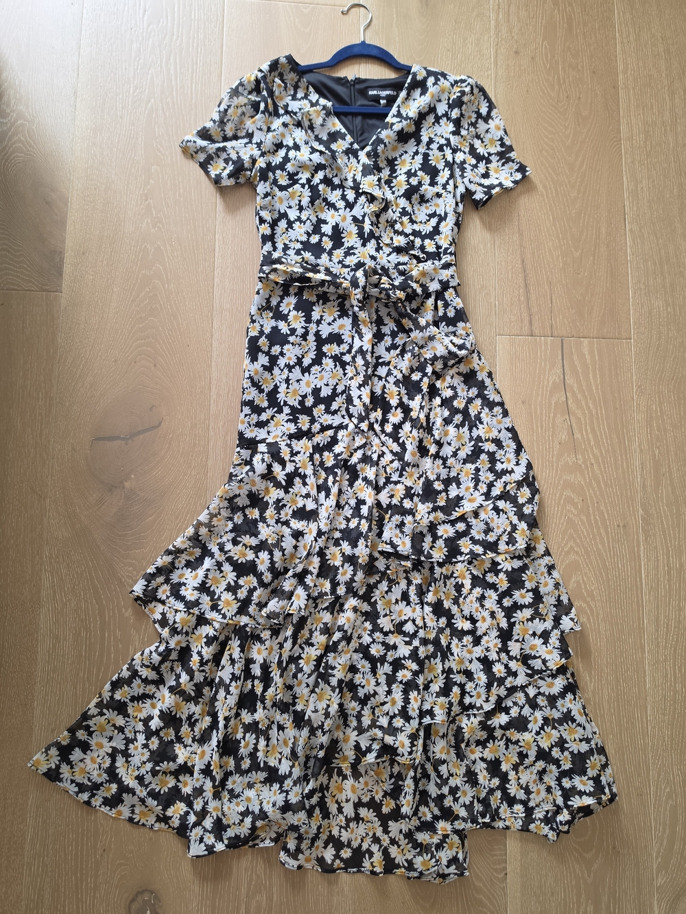 Karl Lagerfeld Black Midi Wrap Dress with White and Yellow Daisy Print 2